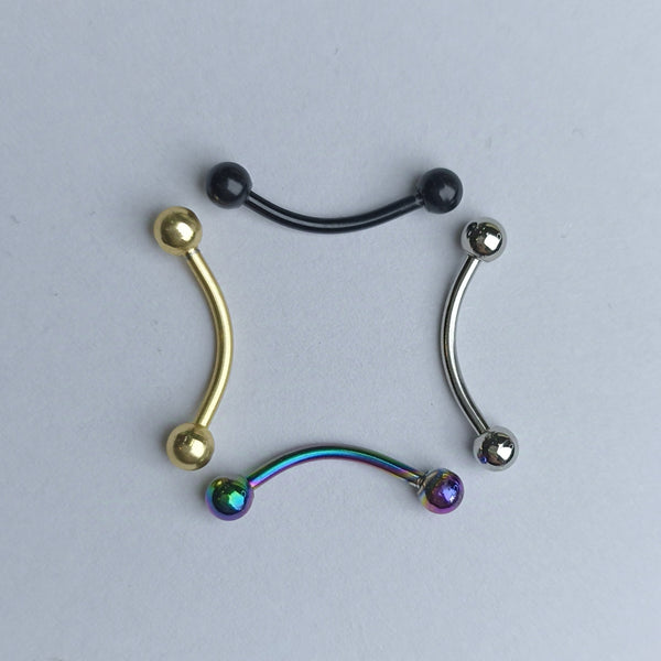 Pack 4 Piercing banano 10 mm Bola 3mm, material acero quirúrgico Colores (dorado,negro,plateado y tornasol) Ideal ceja y oreja